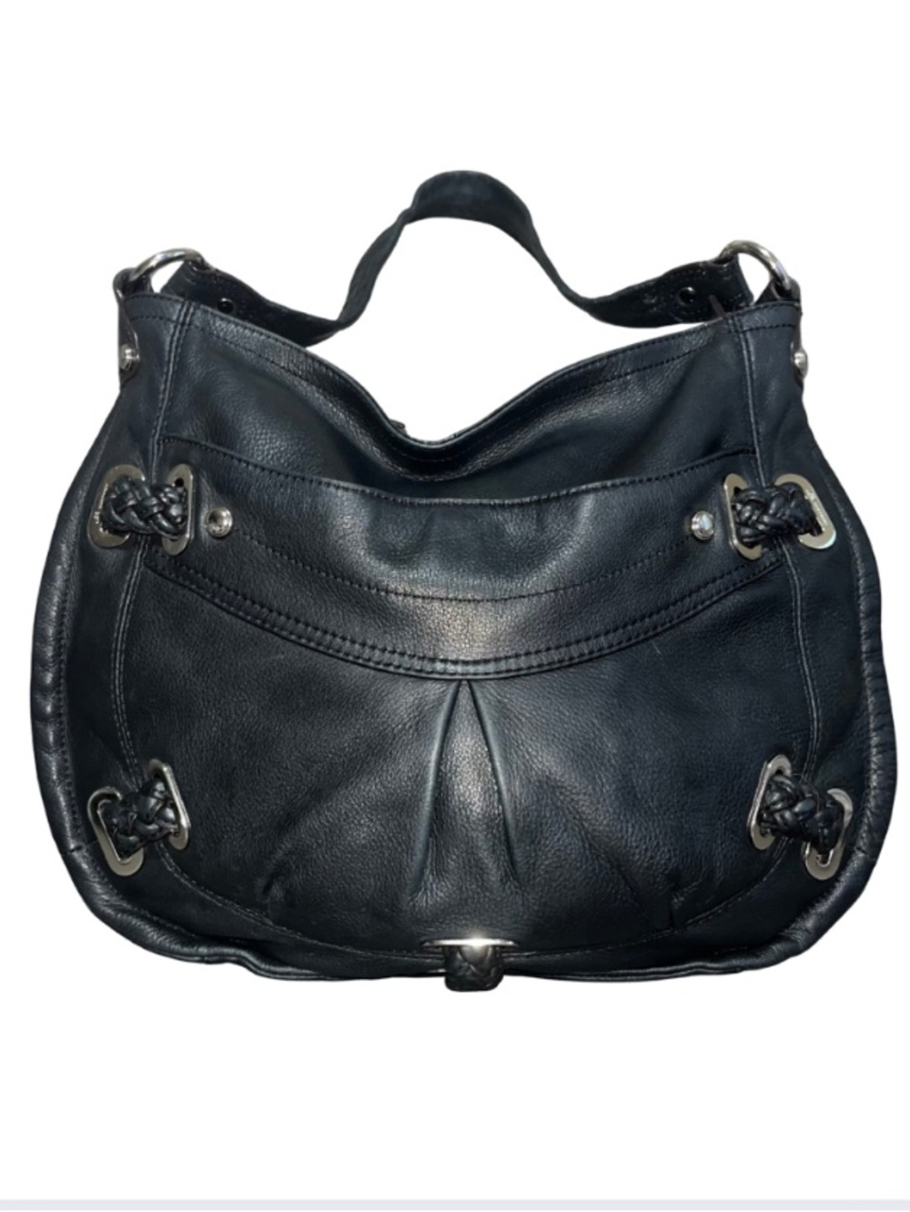 ✨$350! VTG B. Makowsky Black
Pebbled Leather Slouchy Hobo Bag Y2K Braided Accent